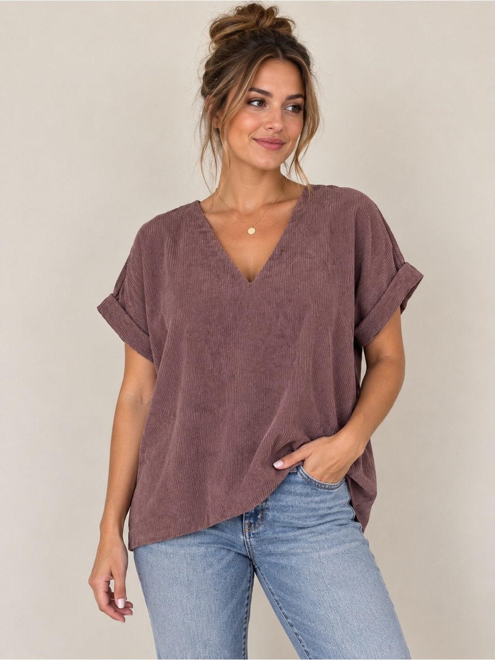 Madewell Mauve Corduroy V-Neck Button Back Short Sleeve Top EUC $78